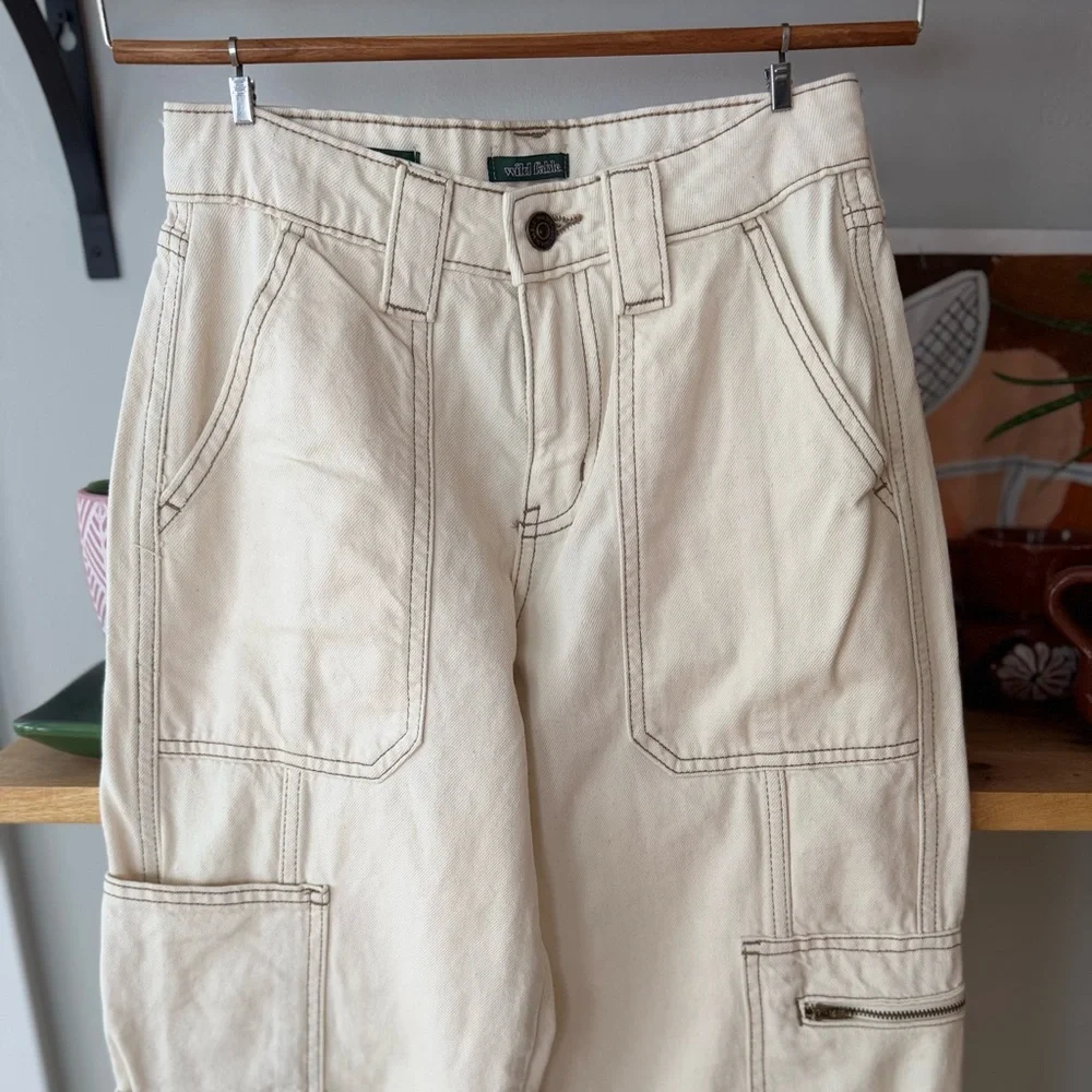 Wild Fable Ecru Ivory Cream High Rise Cargo Pants Wide Leg Denim Jeans Sz 00